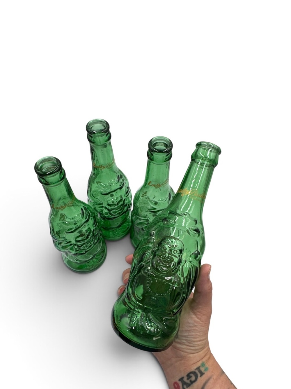 Lucky Buddha Green Glass Empty Beer Bottles Set of 4 Figural Buddha Bar Decor